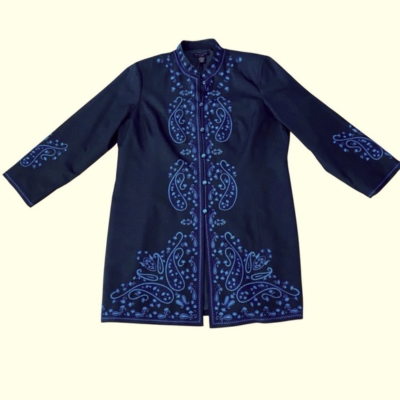Silk Land Woman Black Silk Longline Blazer Jacket Size 1X Embroidered Tunic - Picture 5 of 15